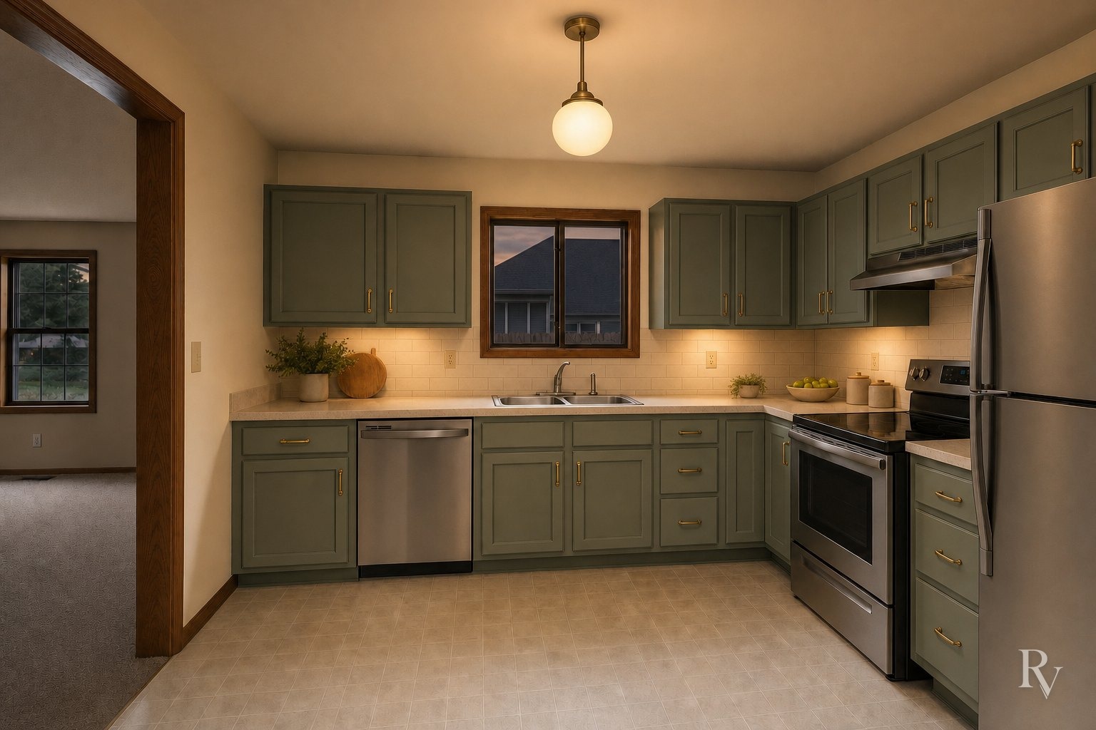 AI-generated example: the renovated kitchen at evening
