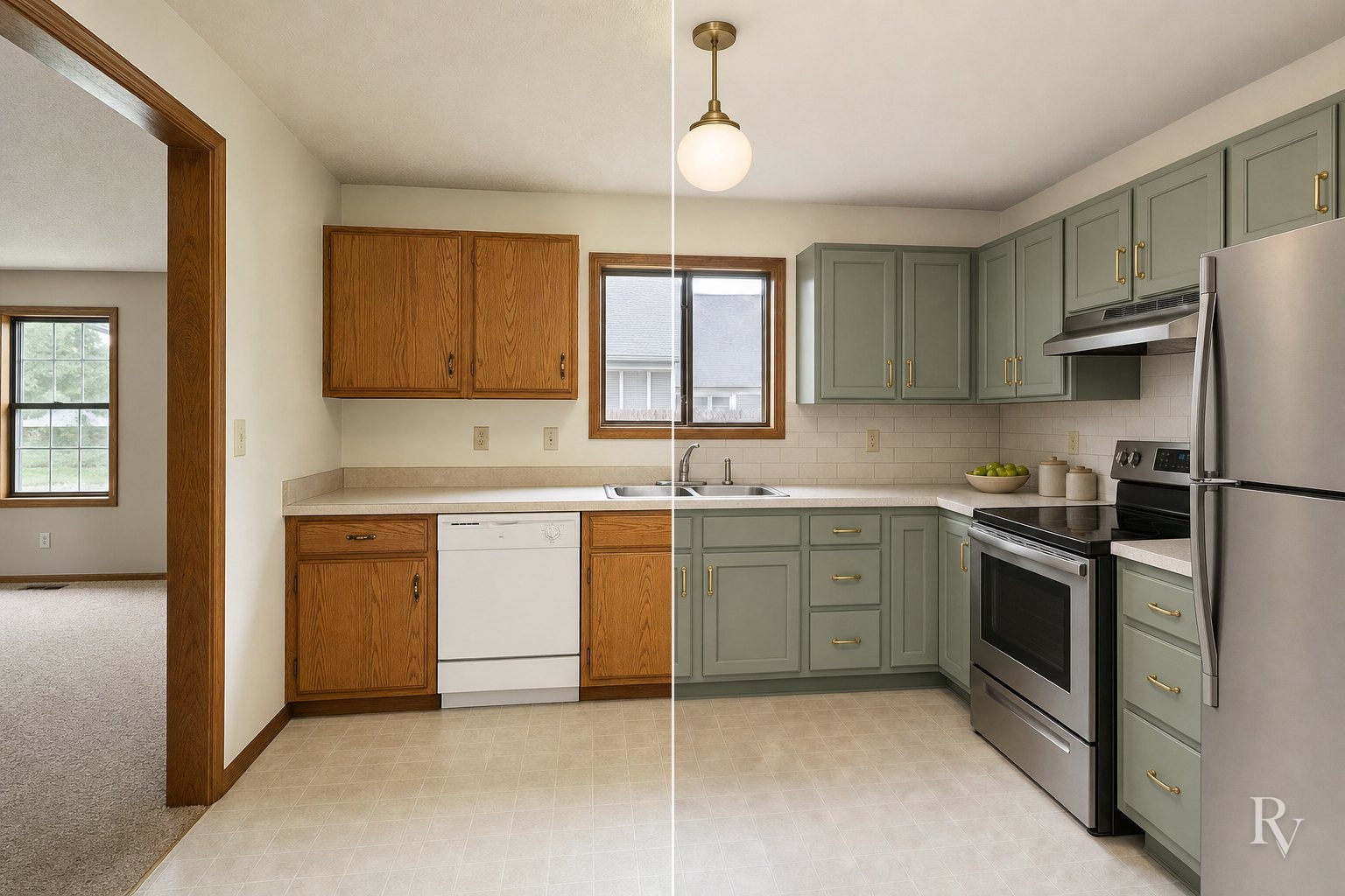 AI-generated example: the same kitchen split down the middle, dated on one side and renovated on the other